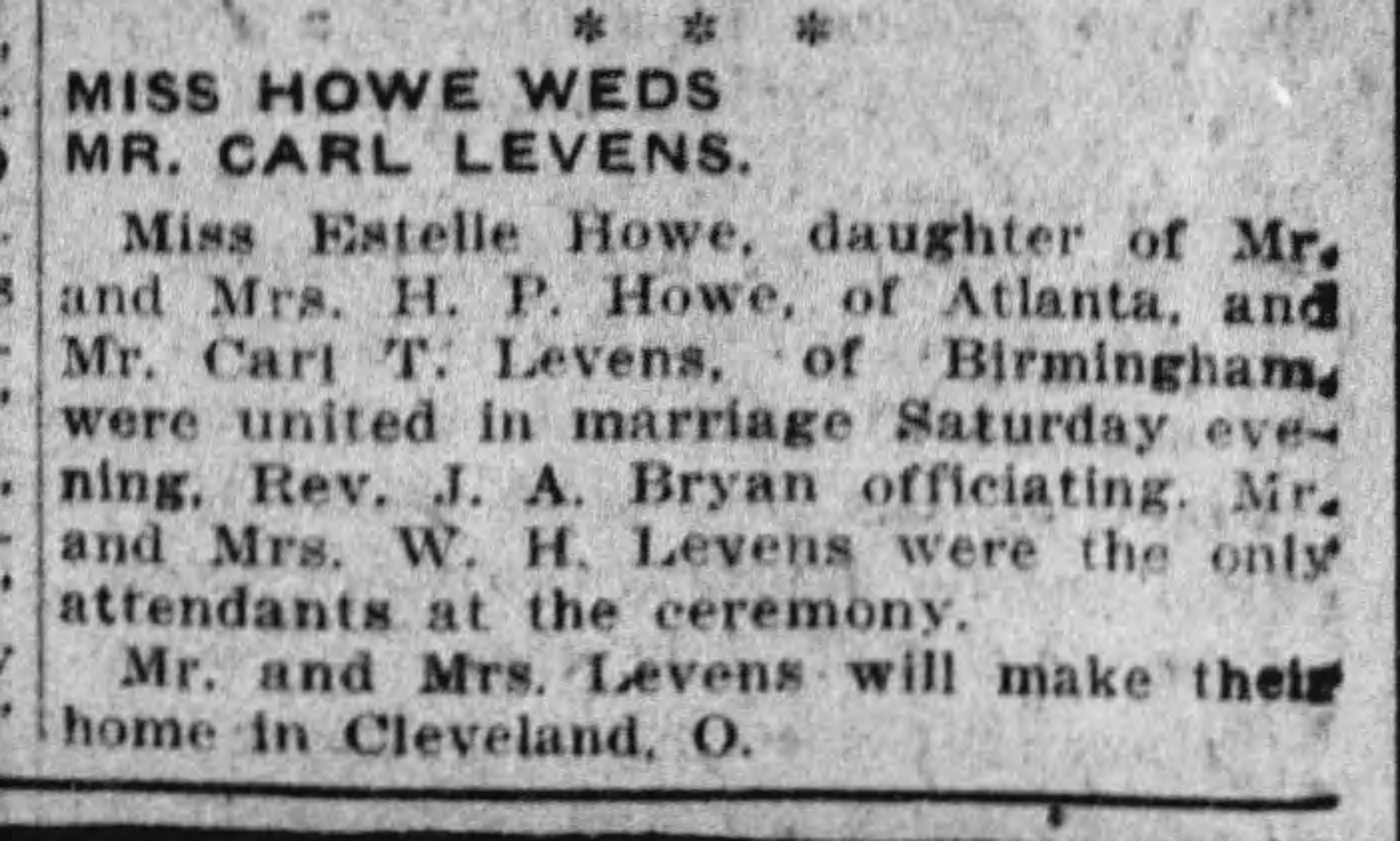 Miss Howe Weds Mr. Carl Levens